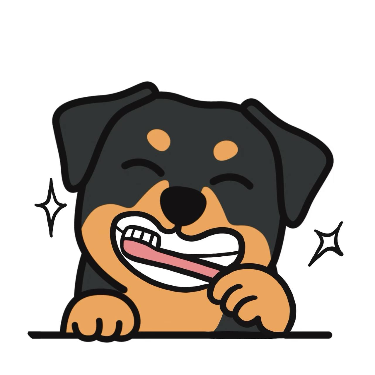 Happy Rottweiler brushing its teeth