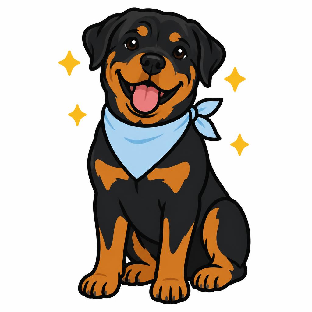 Freshly groomed Rottweiler wearing a blue bandana