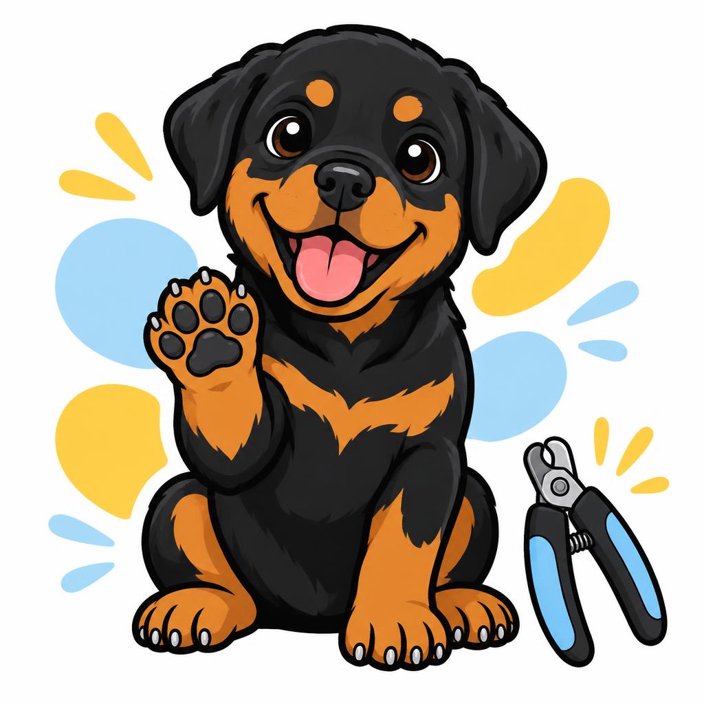 Rottweiler puppy showing a freshly trimmed paw